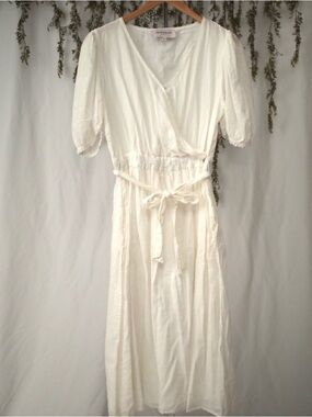 JessaKae XL Cotton White Faux Wrap Midi Dress with Elastic & Tie Waist
